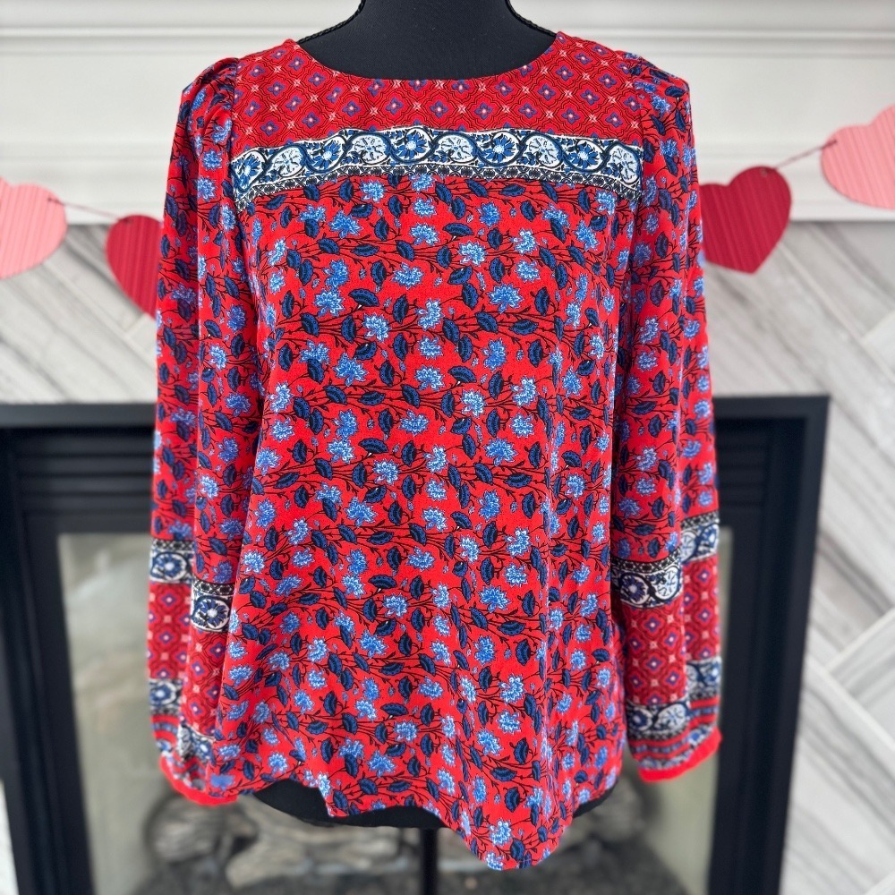 Loft Petite Floral‎ Print Blouse Long Sleeve Style Top Red Blue Small Petite